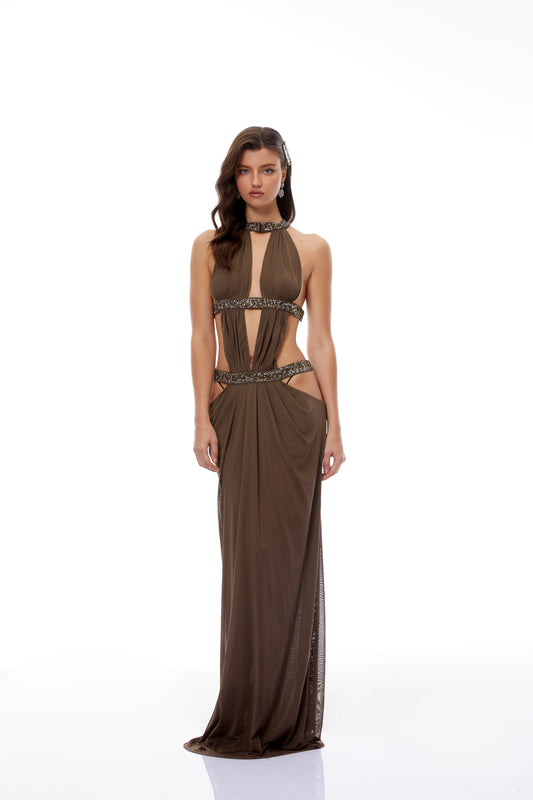Maëlle Brown Cut-out Ruched Maxi Dress