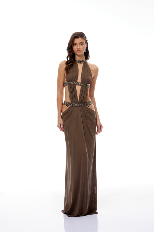 Maëlle Brown Cut-out Ruched Maxi Dress